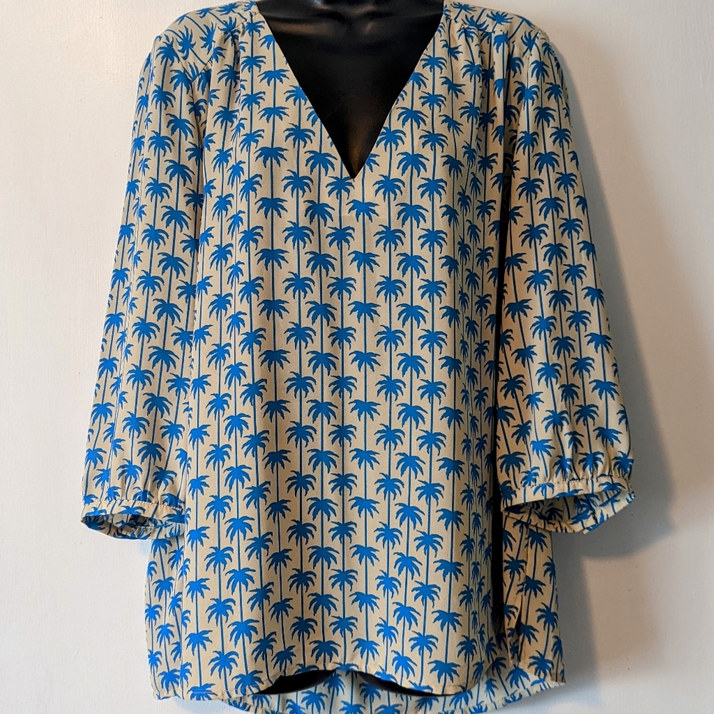 JustFab blouse, XL, blue and cream palm tree print